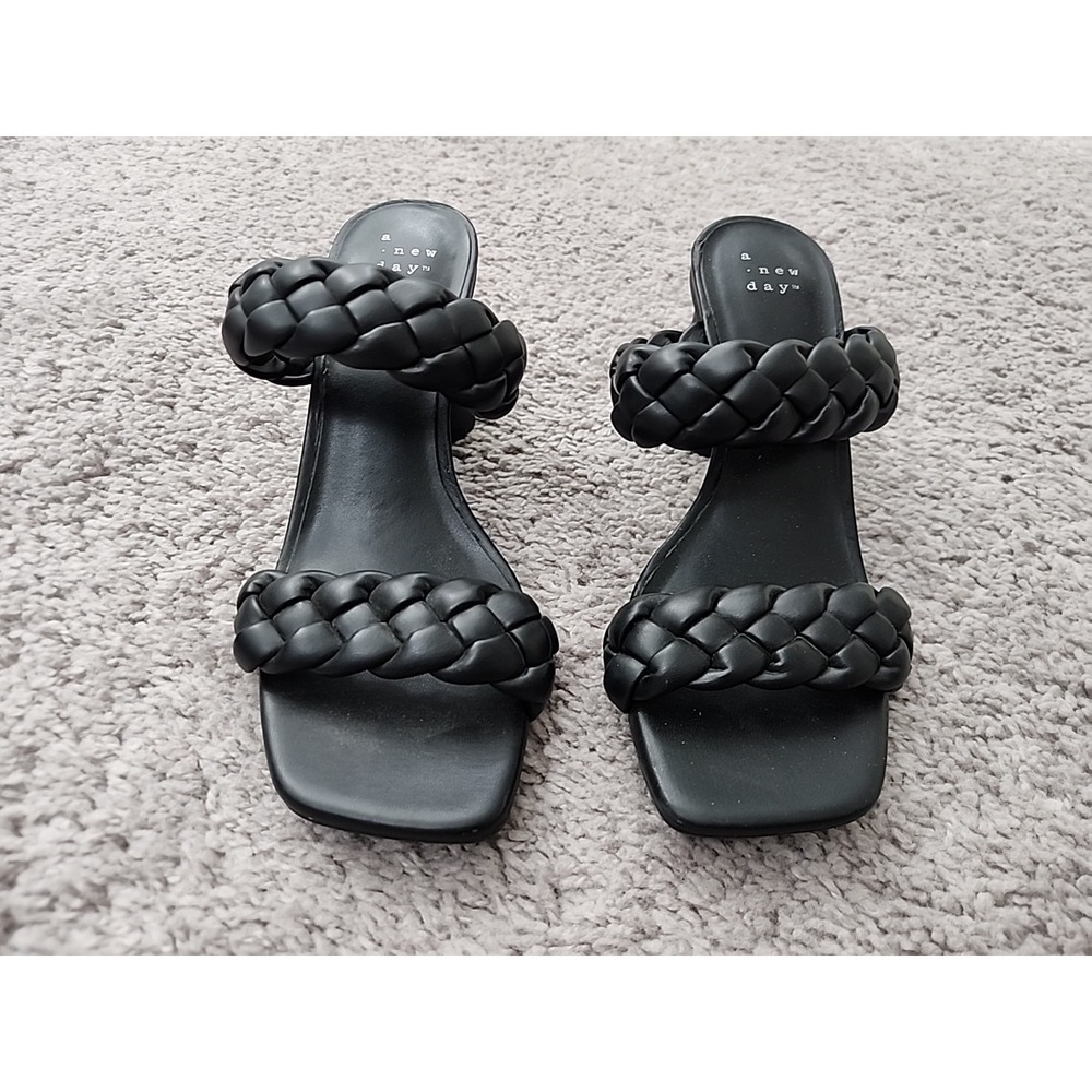 A New Day Braided Heeled Sandals Womens 6 Black Square Toe Block Heel Mules